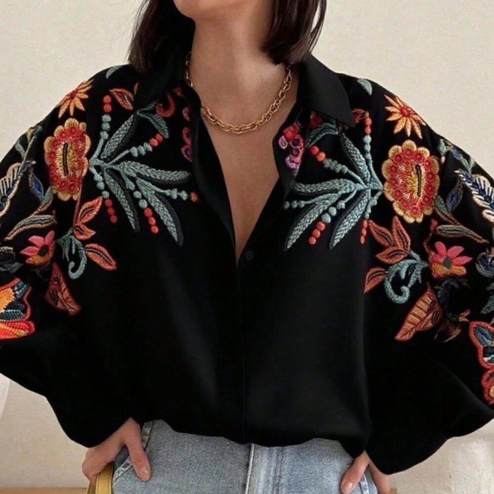 Black Casual Women's emroidered Floral Print Long Sleeve Shirt - Picture 1 of 5